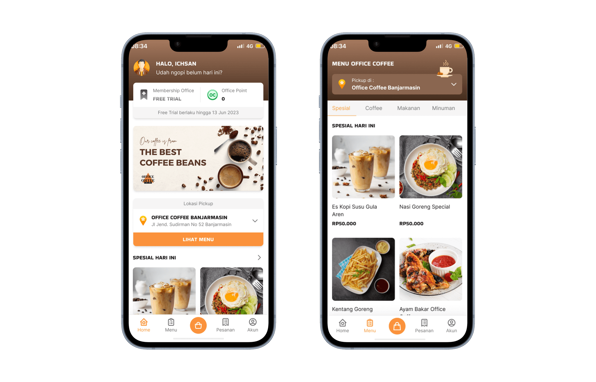 Office Coffee app home and menu screens