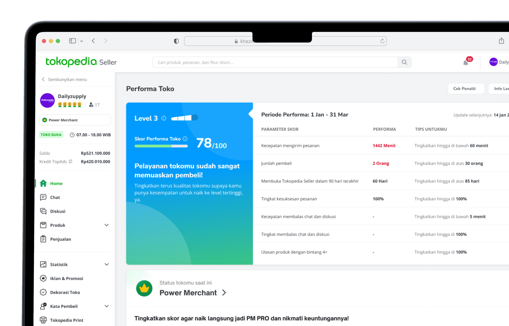 Shop Score dashboard in Tokopedia Seller